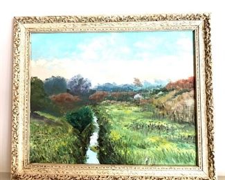 $195 Russell Edwards  Valley scene with creek painting.  23.25" W x 19.25" H. 