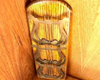 $35 Vintage letter holder Brass harps on wood   4" W x 11" H.
