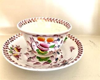 $30 Antique  cup and saucer.  Cup: 3.5 diam,  2.5" H.  Saucer" 5.5" diam.
