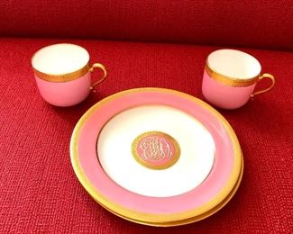 $85 - Minton's William Mortlock  china set of two pink and gold rimmed dishes and expresso cups.  Cups each 4" diam, 2.5" H.  Dishes: each 8" diam.  
