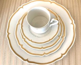 $35  Haviland Limoges Pompadour cup and saucer and 2 underplates  (5 pieces).  Teacup 2.75" diam, 3" H; saucer 5.5" diam; plates 6.5" diam and 7.5" diam.  Also dinner plate 10.5" diam.
