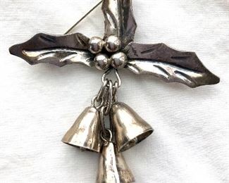 $25 Mexico signed sterling silver pin with bells 3"L; 2.2"W