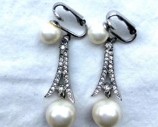 $18 Clip pearl  and rhinestone earrings 2"L each