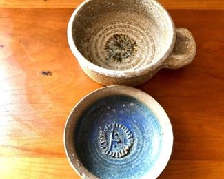 $30 each signed studio pottery pieces  Lower signed Solveig Cox. Brown: 4.5" diam; 2"H; Blue: 4"diam; 1"H