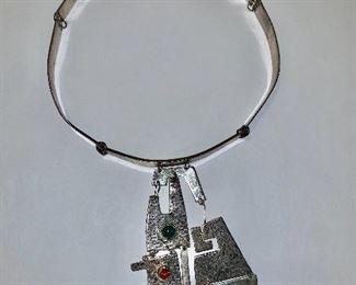 $35 Geometric silver tone necklace (fragile).  13.5" L.  