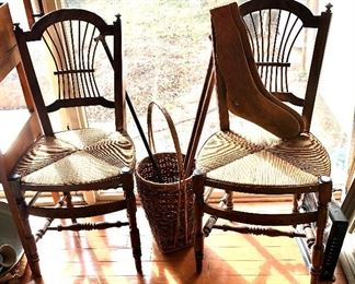 $160 - Pair brown rush chairs. Each 17" W, 16" D,  36.5" H, seat height 18".