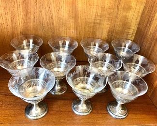 $275 Set of 11 vintage  glass and sterling silver champagne or sherbert glasses.  4" diam; 4"H