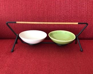 $95 Denmark MCM  Eslau stoneware 2 plates with stand.  Stand: 14"L; 3.5"W; 5"H.  Bowls: 5" diam; 1.5"H