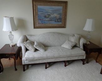 Custom upholstered Chippendale camel back sofa, pair of Mersman end tables, pair lamps and framed print.