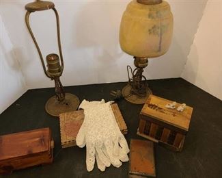 ANTIQUE LAMPS. Approximately 13" tall, BOXES, and pair of lace Gloves