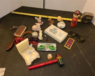 Assorted decor items, brush and sunglasses