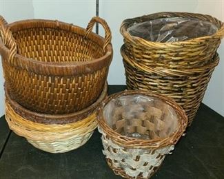 WICKER BASKETS and 3 WICKER TRASH CANS