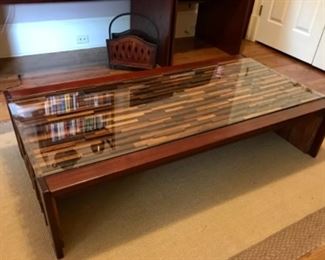 Glass topped wood coffee table