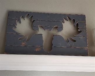 wooden moose decor, candles