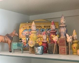 ANTIQUE PRIMITIVE WOODEN TOYS AND VTG WALT DISNEY SCHOOL BUS STEEL LUNCH BOX
