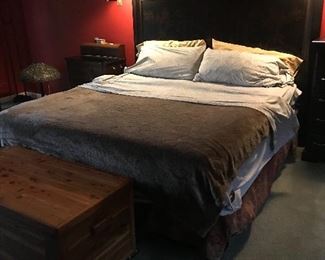 KING Size Master bed with carved head board, Pine blanket box, Mid Century Illumination Medical Cabinet