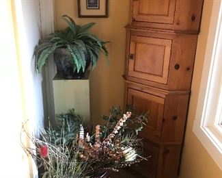 Vintage Pine Cabinet and planters with Faux plants