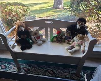 Solid wood bench with lift top
Stuffed animals including Steiff monkey & elephant & owl by The London Owl Co.