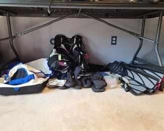 Scuba gear = duffle bag, jacket, gloves, water shoes & booties, goggles, weights & split fin flippers