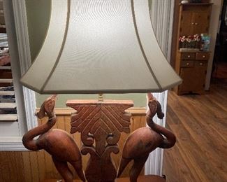 Wood carved crane lamp