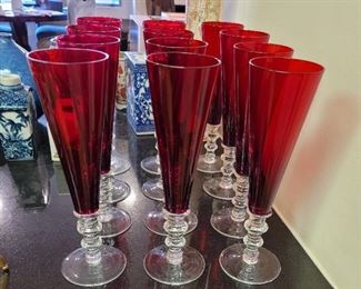 Set of 12 William Yeoward ruby champagne flutes