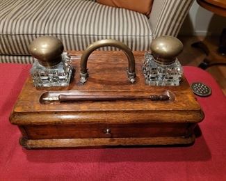 Portable oak ink well set..circa 19th century