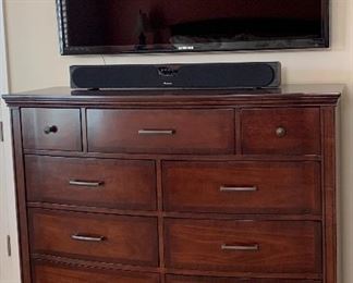 Avery King Bedroom Collection: King Bed Frame, 2 Nightstands and Dresser, Table Lamps, 54" Samsung, Pioneer Sound Bar w Subwoofer