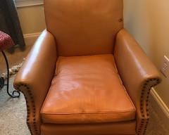 Antique Leather Horsehair Chair - $175   Note damage on far right on back.  Some wear on tops of both arms.