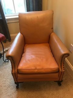 Antique Leather Horsehair Chair - $175   Note damage on far right on back.  Some wear on tops of both arms.