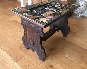 Antique Carved Wood Trestle Table - with Collected Antique pieces under glass - make your best offer.  This is a one-of-a kind piece.