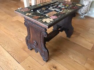 Antique Carved Wood Trestle Table - with Collected Antique pieces under glass - make your best offer.  This is a one-of-a kind piece.