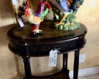 Painted Oval Table with Drawer.  Top of table has a rooster painted on it.  Price is $68.00.