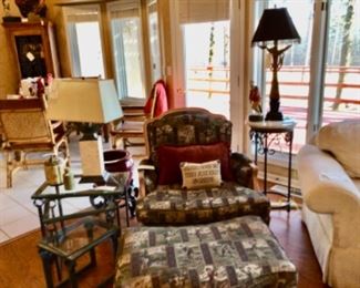 Golf Motif Chair and Ottoman-Price is $220.00, Set of 3 Nesting Tables-Priced at $80.00, Plant Stand with Marble Top-Priced at $60.00, Table Lamps