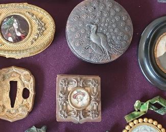19th. C. Gilt Oval Trinket Box w/ Painted Cameo (upper left); Gilt Bronze Tsuba; Gilt Pill/Snuff Box w/ Portrait Miniature;