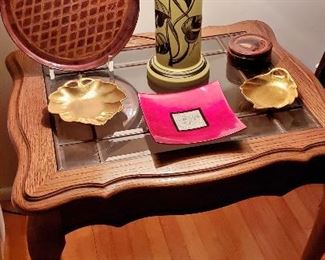 Cool 1950's Ceramic Lamp, signed; Leaded Glass Side Table (pair)