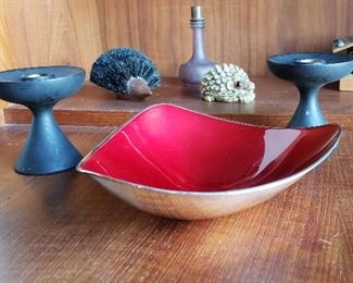 Retro Red Enamel Silverplate Bowl by Reed and Barton bowl - SOLD; Retro wood Candelsticks