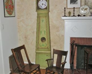 18th. C. French Provincial Painted Tall Case Clock, works, chimes! Two Antique Dark oak Rockers