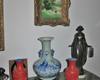 Bronze of St. Barbra; pair of Cinnaber Vases; Cinnabar Bowl; Bottle Neck Chinese Vase - SOLD