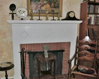 Antique Tall Ladder Back Armchair w/ Rush Seat; Mahogany candle Stand w/ Leather Top