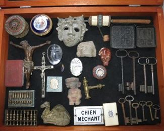 Antique Iron Keys, Pre-Columbian Head Fragment, Mid Century Iron Ashtrays, etc.
