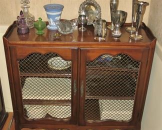 Mahogany Buffet w/ selection of Sterling Silver Trumpet Vases, Wedgwood Jasperware Vase; Crystal Decanter, Cloisonne Napkin Rings