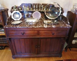 Victorian Burgundy Marble-Top Sideboard; Assorted Sterling; Dorothy Thorpe Silver Rim Charger; Brass Table Bell Collection