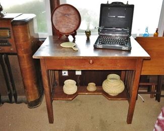 Mission Work Table; 1920's Burgundy Enamel Typewriter; Teak Tray