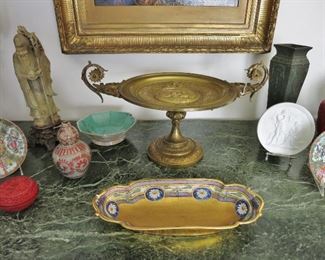 19th. C. French Gilt Bronze Tazza; Antique Pickard Oval Dish; Rose Canton Saucers, Soapstone, etc.
