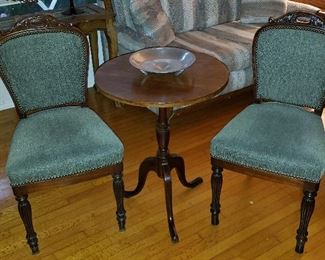 Pair of Late 19th. C. Mahogany Side chairs, w/ a Mahogany Pedestal Occasional Table
