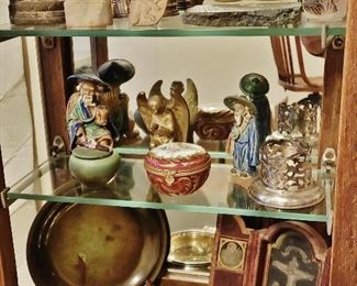 Chinese Mud Sculptures; small Soapstone Carving & Seal; Gilt Bronze Angel; Reverse Painted Snuff Bottle; Sterling Jigger, Cup, & Sauce Pot; Stone Buddha, etc.