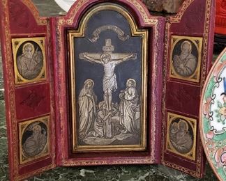 Exquisite 19th. C. Silver Gilt Crucifix w/ Saints, in a Leather Case