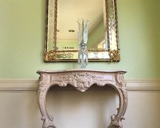 Pair of Ornately Carved Consoles and Pair of Venetian Style Mirrors 