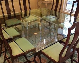 Chic Lucite Base Glass Top Table and Set of  8 Queen Anne Mahogany Chairs 