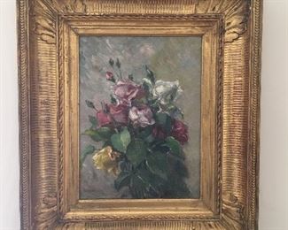 Vintage Floral Oil on Board in an Antique Circa 1860-1870 French Gilded Frame
